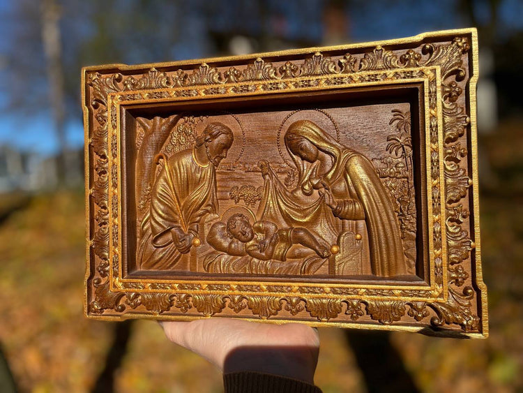 Holy Familly Wooden Carved Plaque Long - Kozak Work Shop