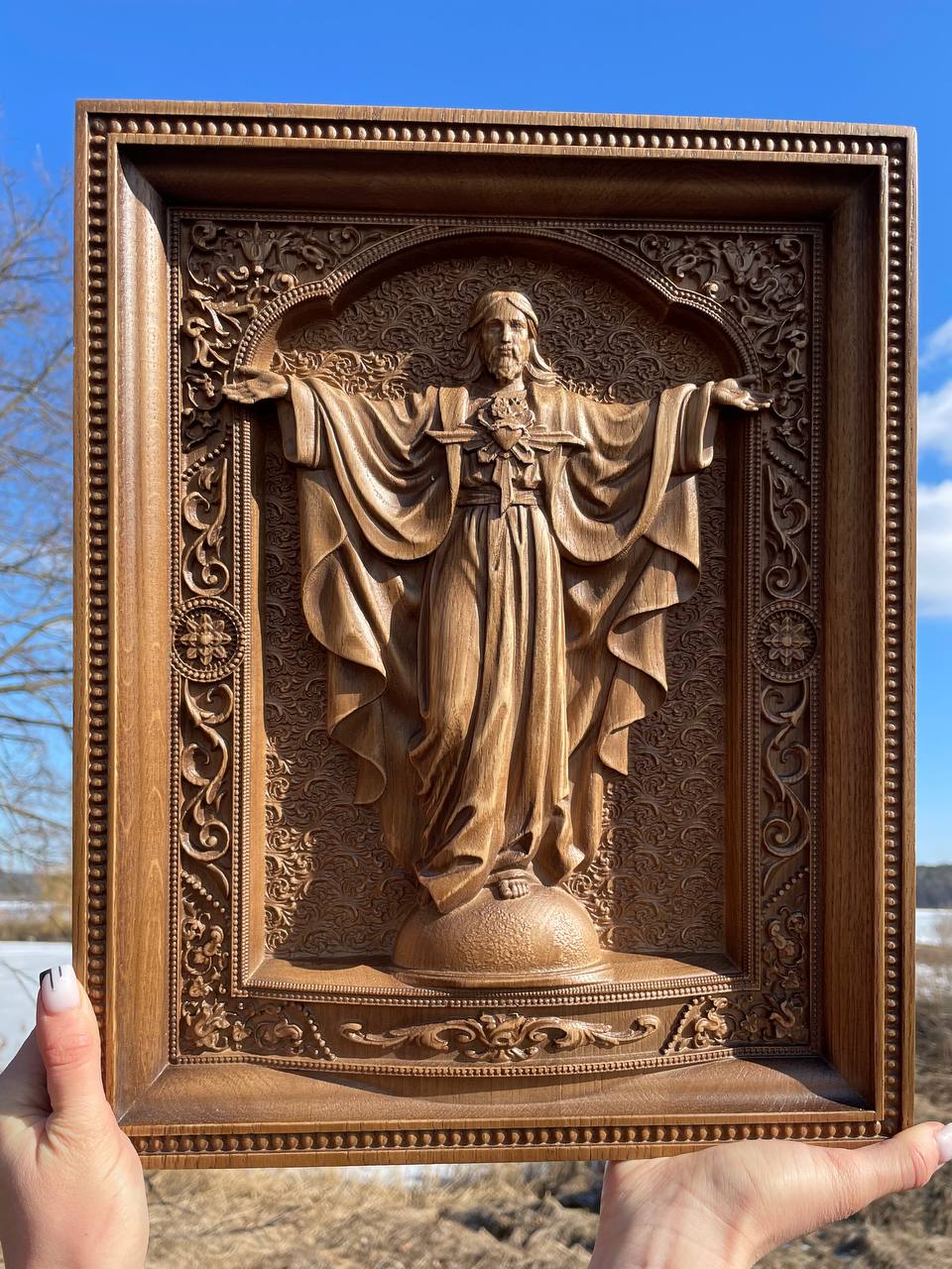 Wooden icon of the Sacred Heart Jesus arms extended - Kozak Work Shop