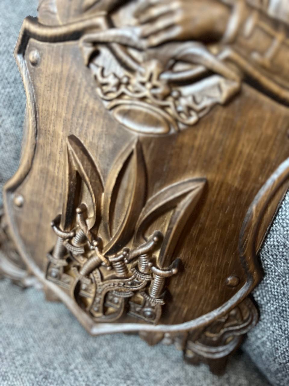 Hand-Carved Wooden Knight Crest with Tryzub - Kozak Work Shop