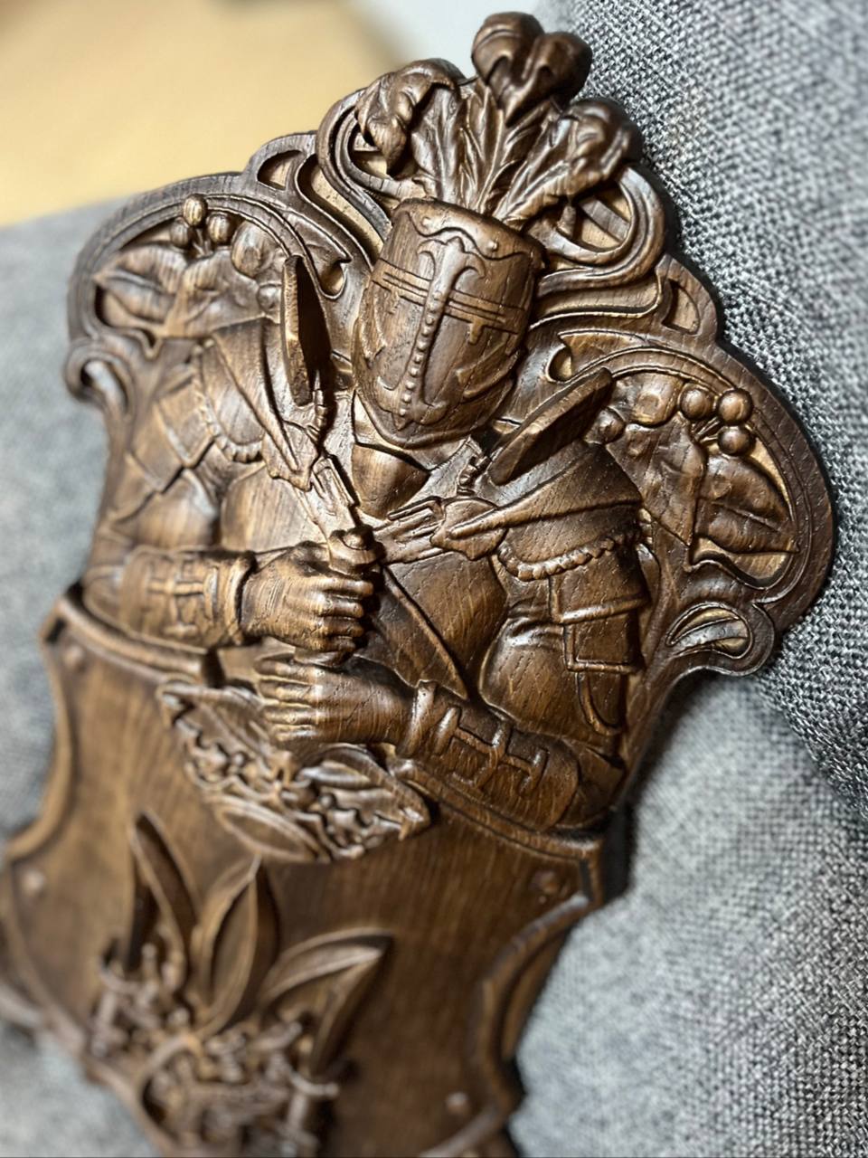 Hand-Carved Wooden Knight Crest with Tryzub - Kozak Work Shop