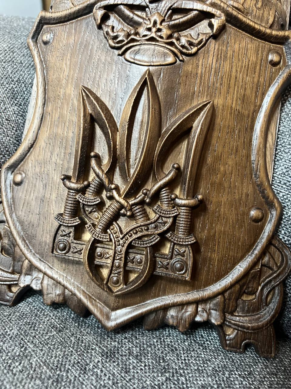Hand-Carved Wooden Knight Crest with Tryzub - Kozak Work Shop