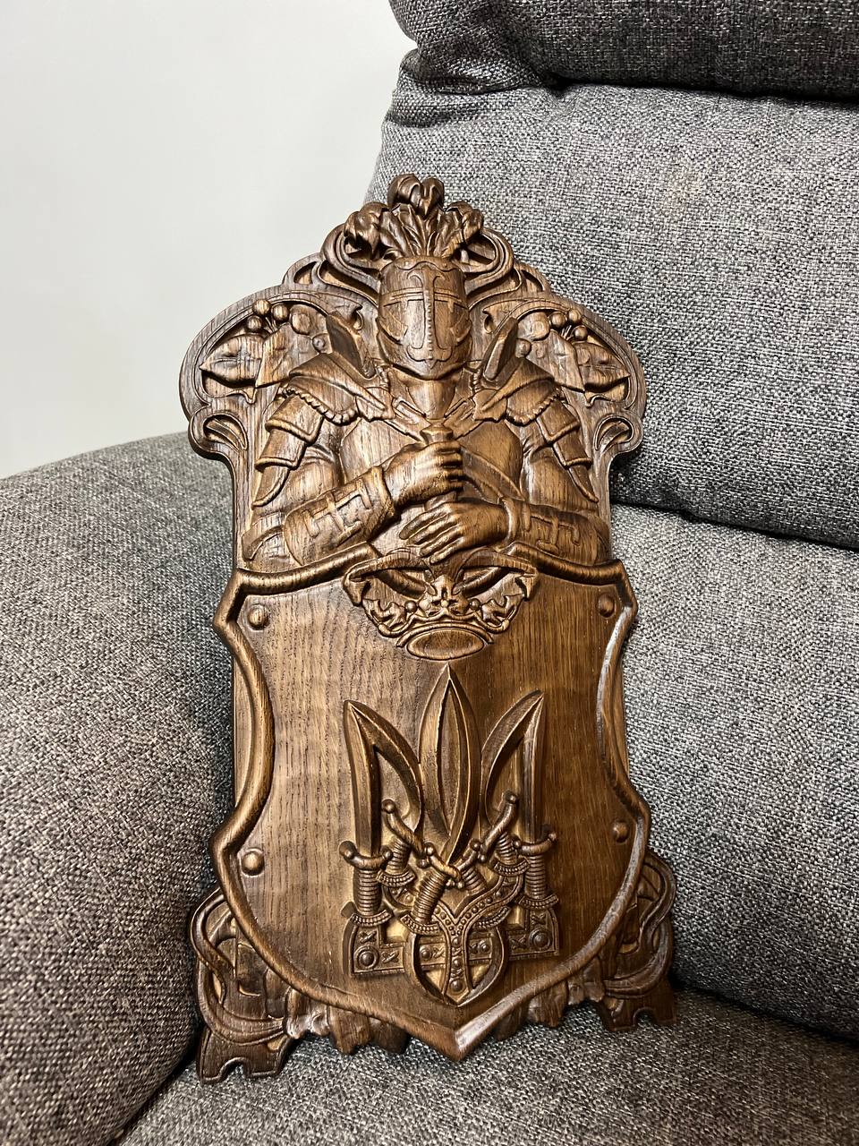 Hand-Carved Wooden Knight Crest with Tryzub - Kozak Work Shop