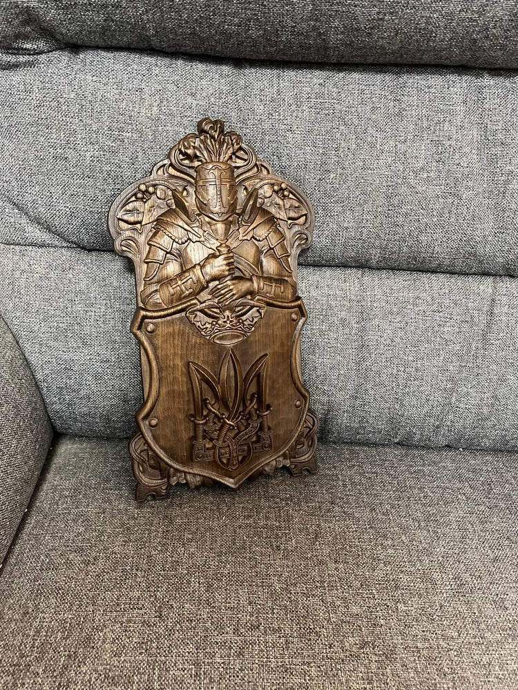 Hand-Carved Wooden Knight Crest with Tryzub - Kozak Work Shop