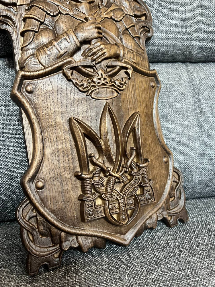 Hand-Carved Wooden Knight Crest with Tryzub - Kozak Work Shop