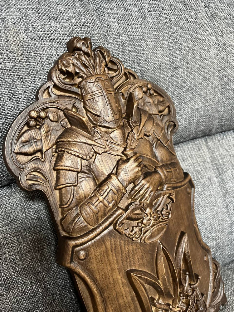Hand-Carved Wooden Knight Crest with Tryzub - Kozak Work Shop
