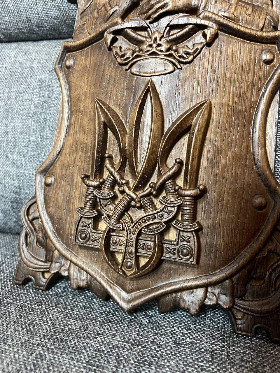 Hand-Carved Wooden Knight Crest with Tryzub - Kozak Work Shop
