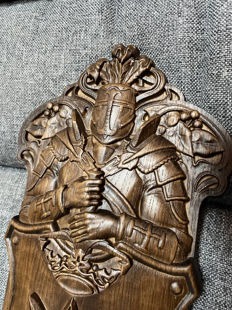 Hand-Carved Wooden Knight Crest with Tryzub - Kozak Work Shop