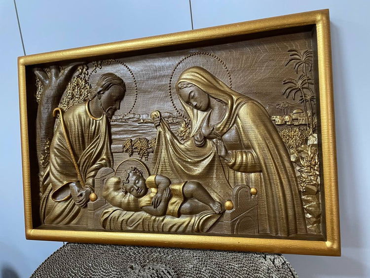 Holy Familly Wooden Carved Plaque with Plain Frame - Kozak Work Shop