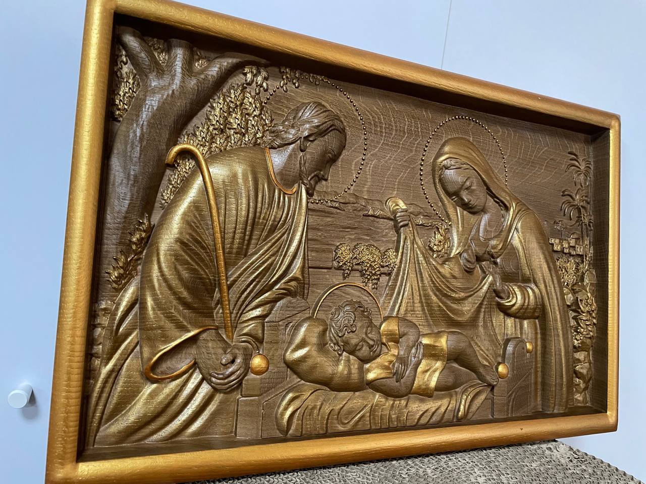 Holy Familly Wooden Carved Plaque with Plain Frame - Kozak Work Shop