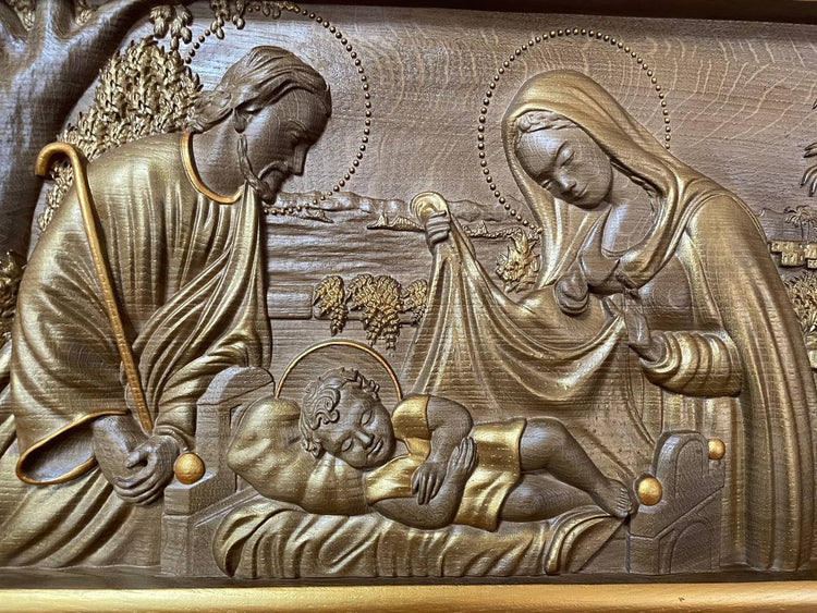 Holy Familly Wooden Carved Plaque with Plain Frame - Kozak Work Shop