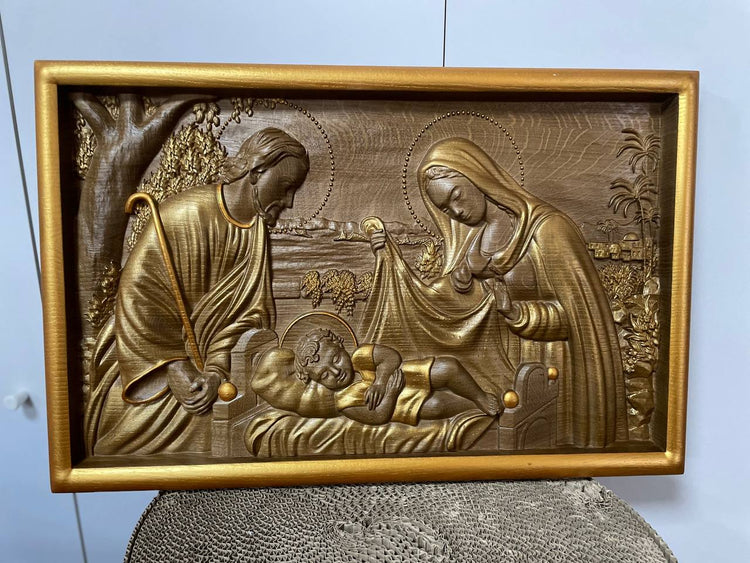 Holy Familly Wooden Carved Plaque with Plain Frame - Kozak Work Shop