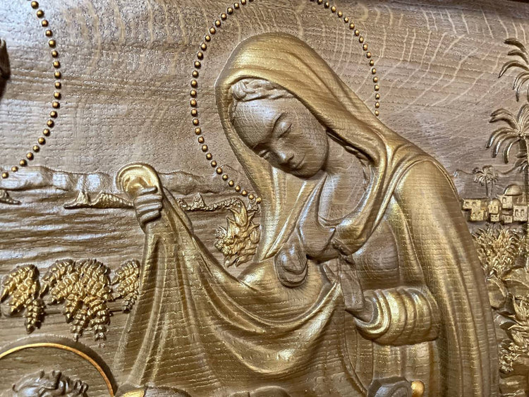 Holy Familly Wooden Carved Plaque with Plain Frame - Kozak Work Shop