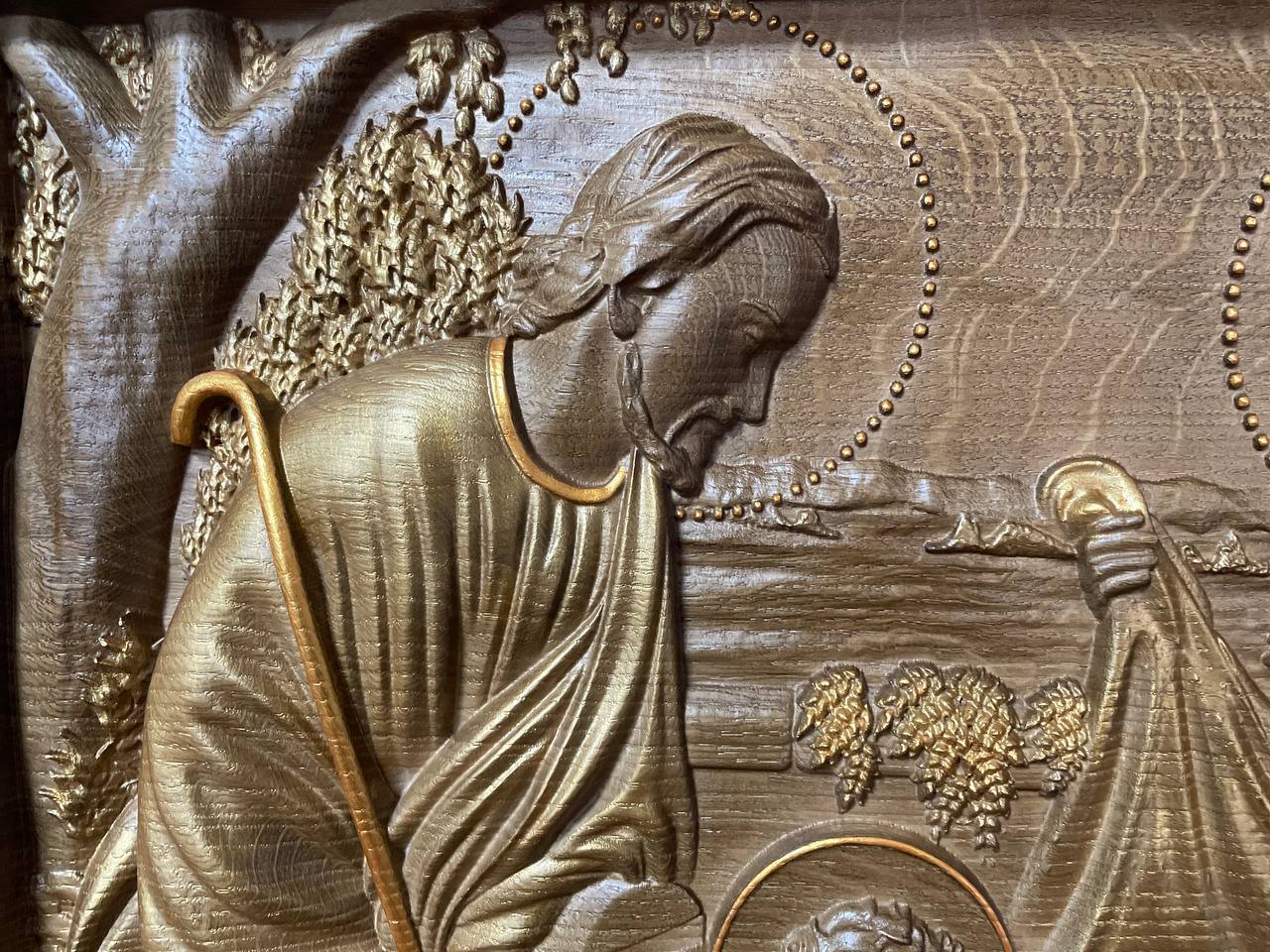 Holy Familly Wooden Carved Plaque with Plain Frame - Kozak Work Shop