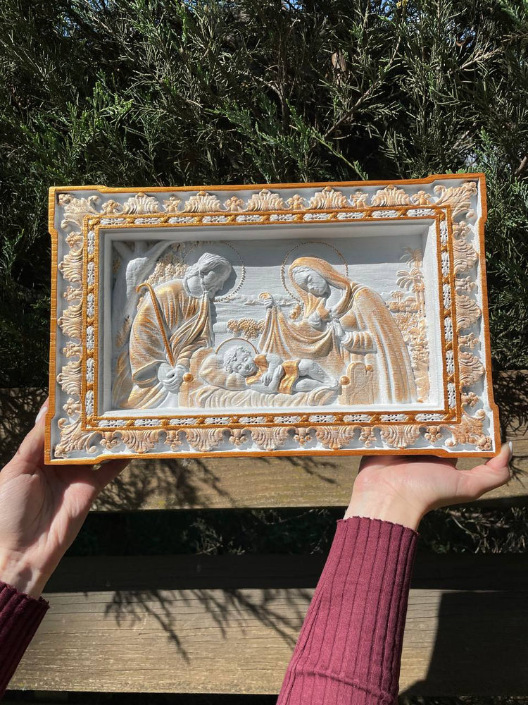 Holy Familly Wooden Carved Plaque Long - Kozak Work Shop