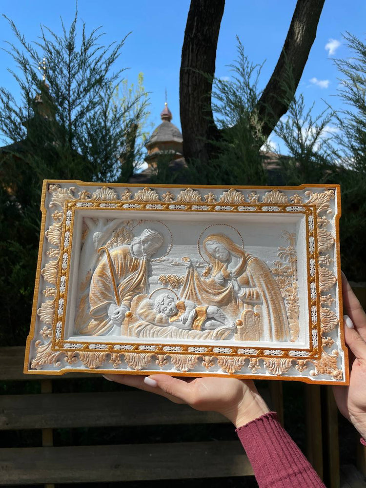 Holy Familly Wooden Carved Plaque Long - Kozak Work Shop