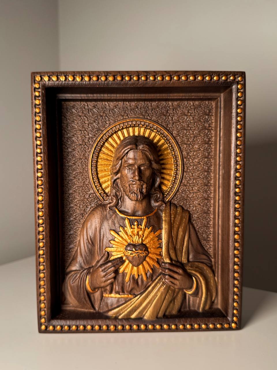 Sacred Heart of Jesus and Immaculate Heart of Mary Set of two Wooden panels  Wooden carved  statuary  6x7  inches  Religious gift - Kozak Work Shop