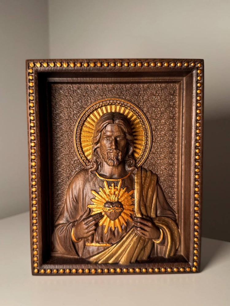 Sacred Heart of Jesus and Immaculate Heart of Mary Set of two Wooden panels  Wooden carved  statuary  6x7  inches  Religious gift - Kozak Work Shop