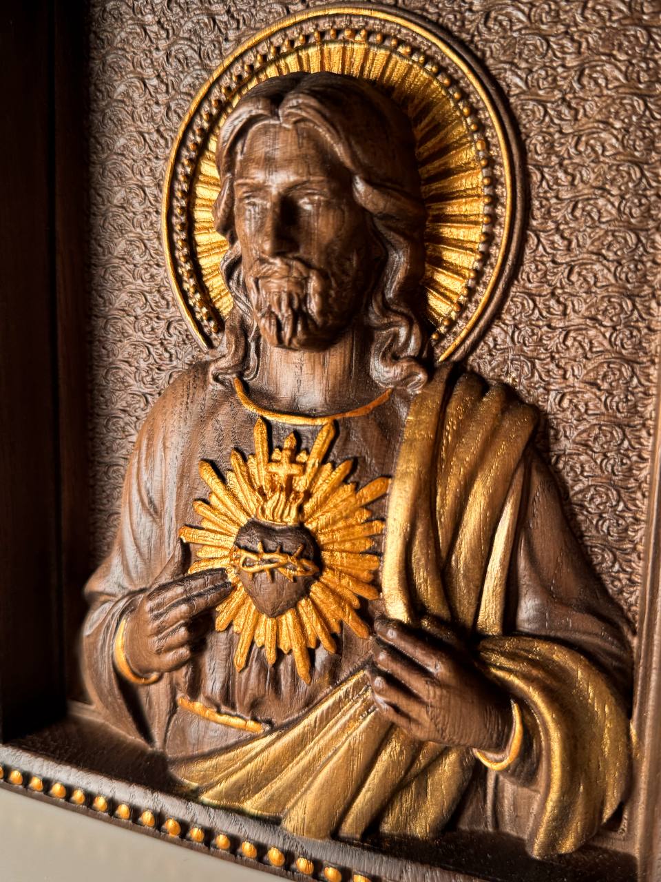 Sacred Heart of Jesus and Immaculate Heart of Mary Set of two Wooden panels  Wooden carved  statuary  6x7  inches  Religious gift - Kozak Work Shop