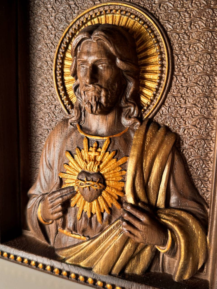 Sacred Heart of Jesus and Immaculate Heart of Mary Set of two Wooden panels  Wooden carved  statuary  6x7  inches  Religious gift - Kozak Work Shop