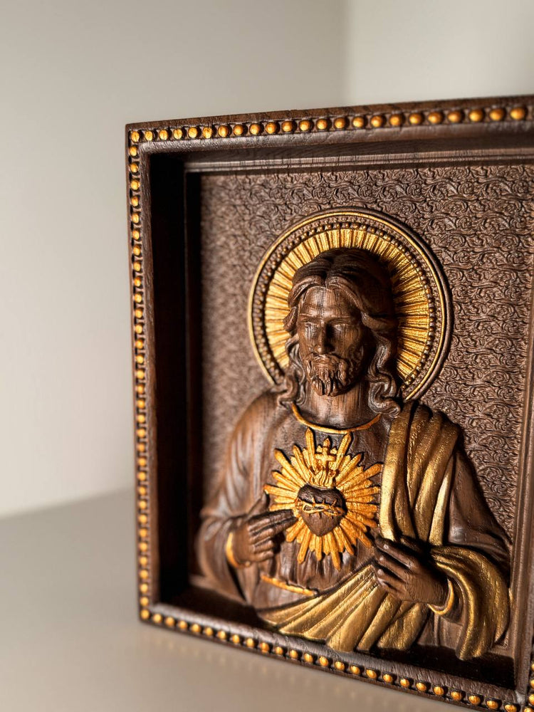 Sacred Heart of Jesus and Immaculate Heart of Mary Set of two Wooden panels Wooden carved statuary 6x7 inches Religious gift - Kozak Work Shop