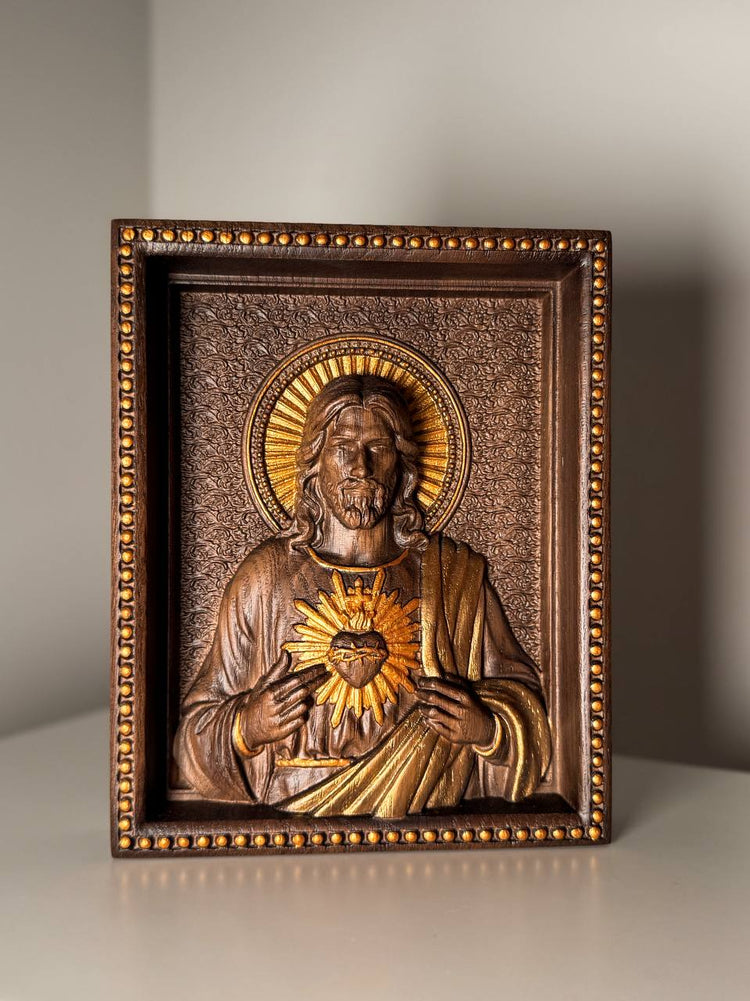 Sacred Heart of Jesus and Immaculate Heart of Mary Set of two Wooden panels Wooden carved statuary 6x7 inches Religious gift - Kozak Work Shop