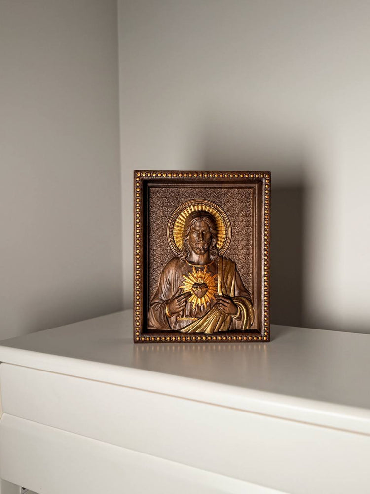 Sacred Heart of Jesus and Immaculate Heart of Mary Set of two Wooden panels Wooden carved statuary 6x7 inches Religious gift - Kozak Work Shop
