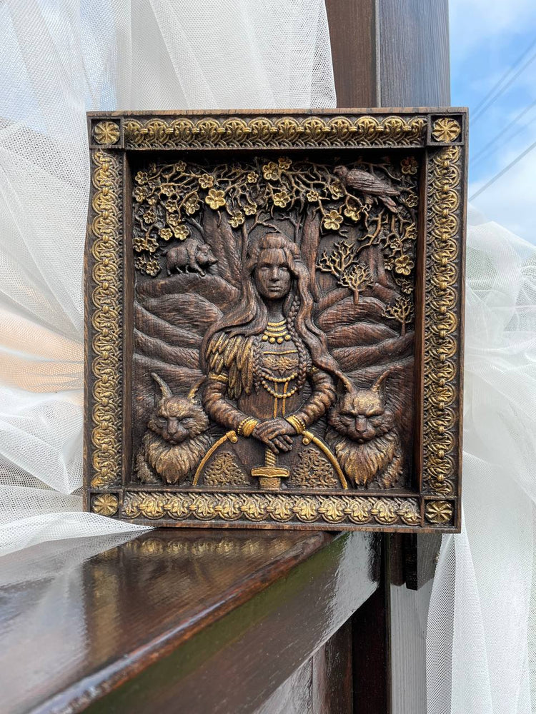Freyja Skandinavian Goddess Wooden Carved Wall Picture - Kozak Work Shop