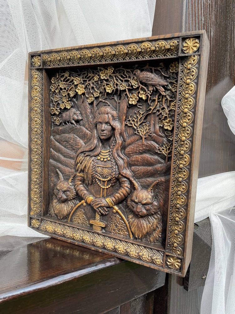 Freyja Skandinavian Goddess Wooden Carved Wall Picture - Kozak Work Shop