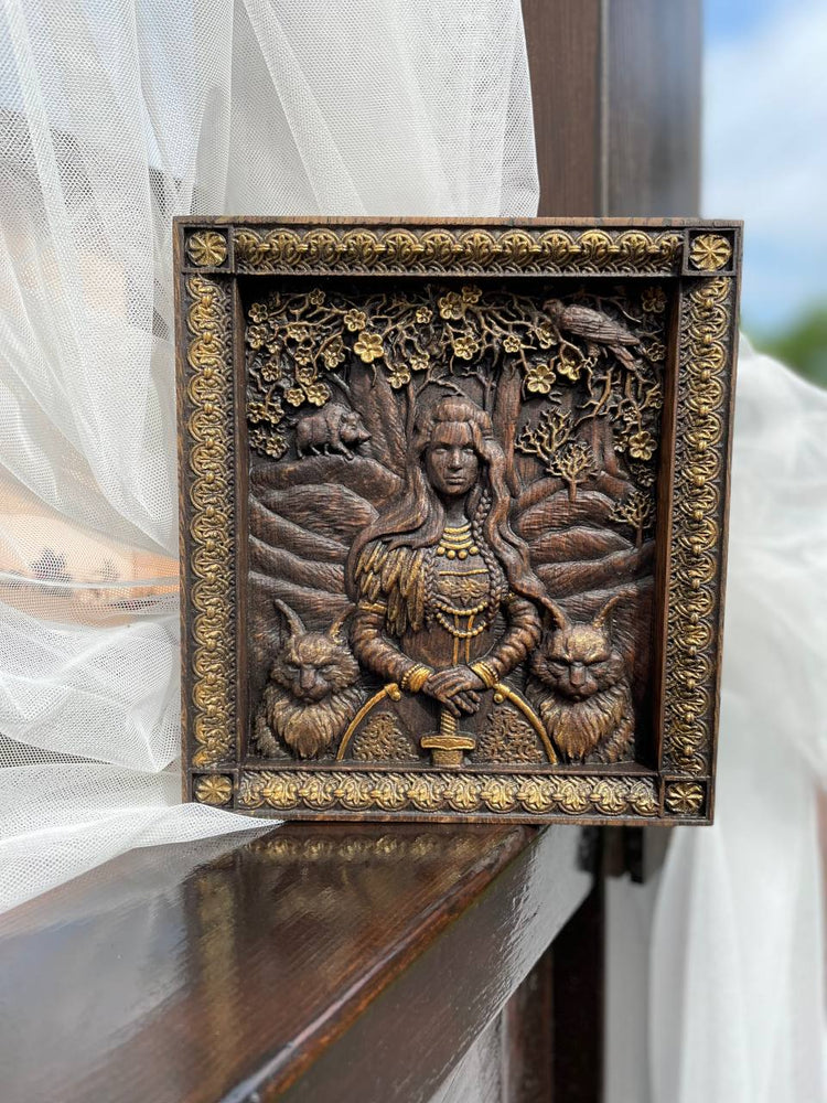 Freyja Skandinavian Goddess Wooden Carved Wall Picture - Kozak Work Shop