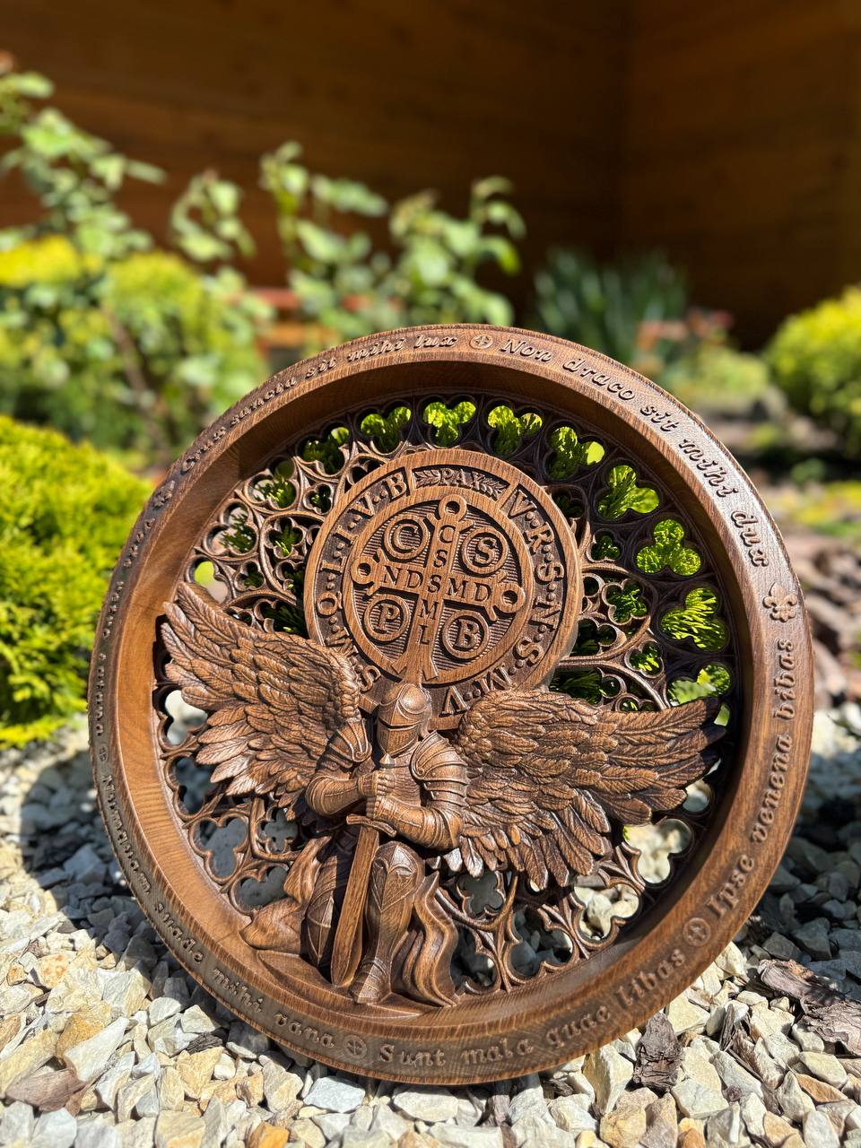 St. Benedict Medal Wood Wall Art with Angel Warrior - Kozak Work Shop