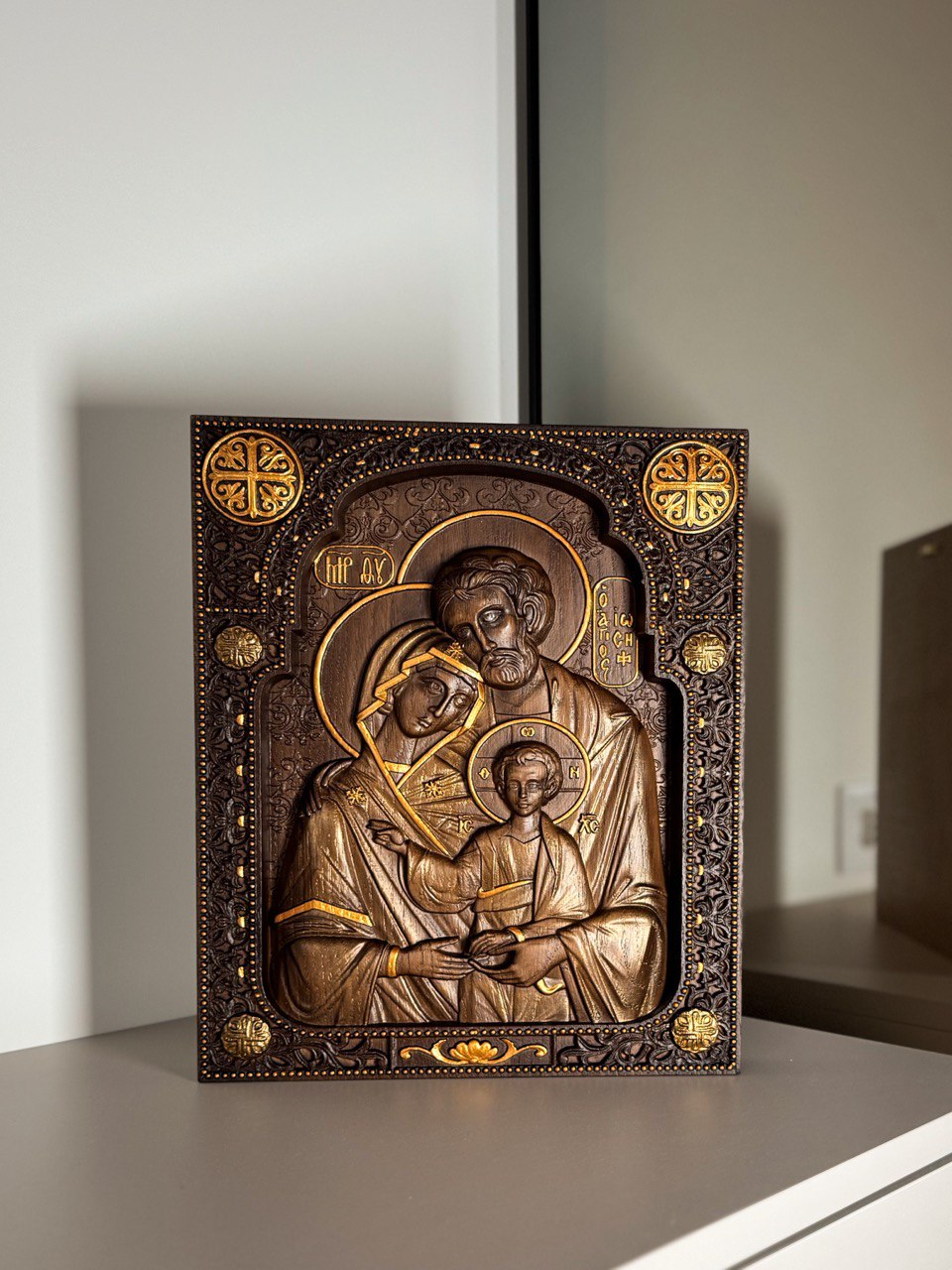 Holy Family Wooden Carved Byzantine Image - Kozak Work Shop