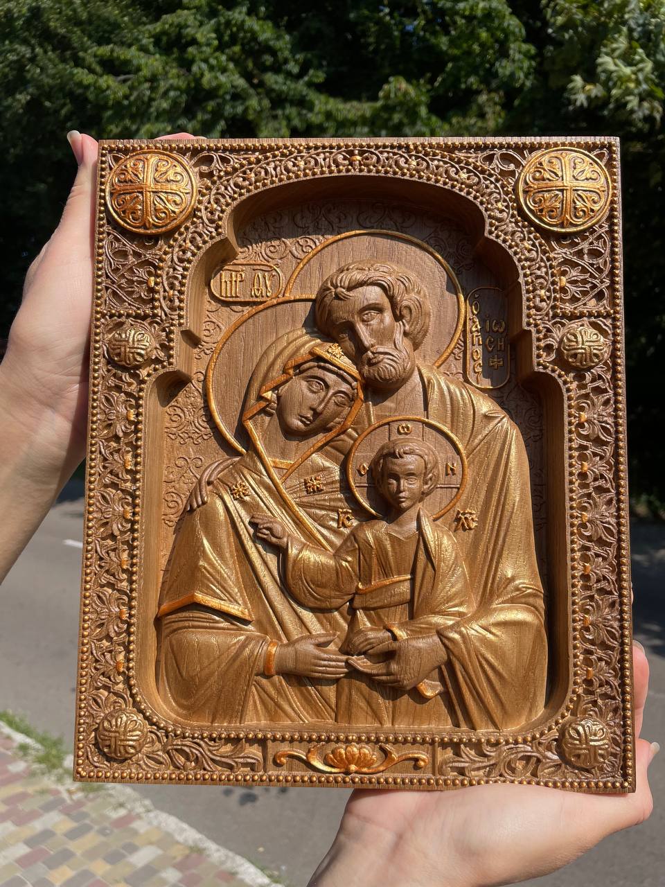 Holy Family Wooden Carved Byzantine Image - Kozak Work Shop