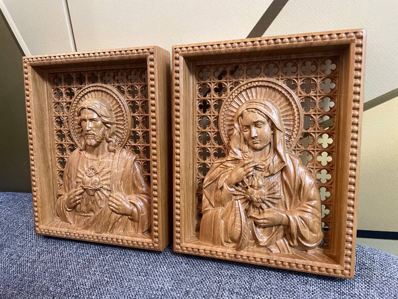 Sacred Heart of Jesus and Immaculate Heart of Mary Set of two Wooden panels  Wooden carved  statuary  6x7  inches  Religious gift - Kozak Work Shop
