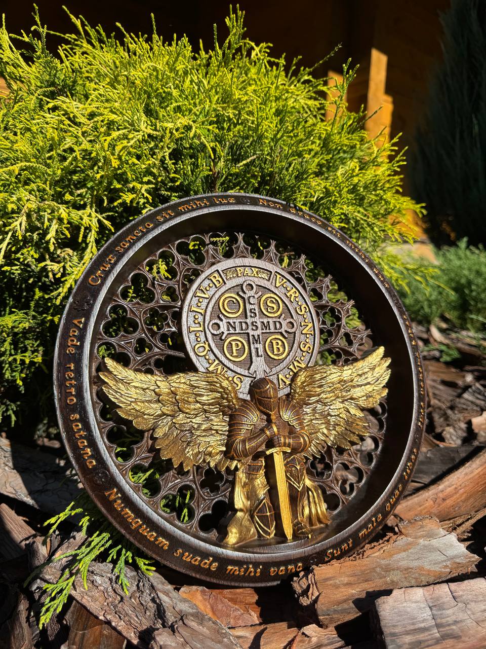 St. Benedict Medal Wood Wall Art with Angel Warrior - Kozak Work Shop