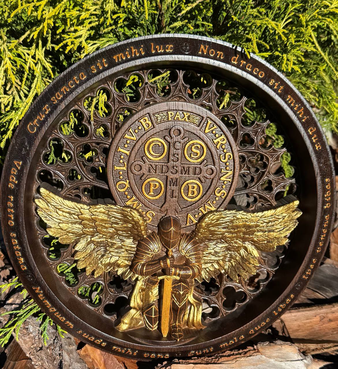 St. Benedict Medal Wood Wall Art with Angel Warrior - Kozak Work Shop