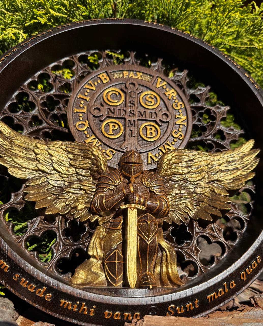 St. Benedict Medal Wood Wall Art with Angel Warrior - Kozak Work Shop