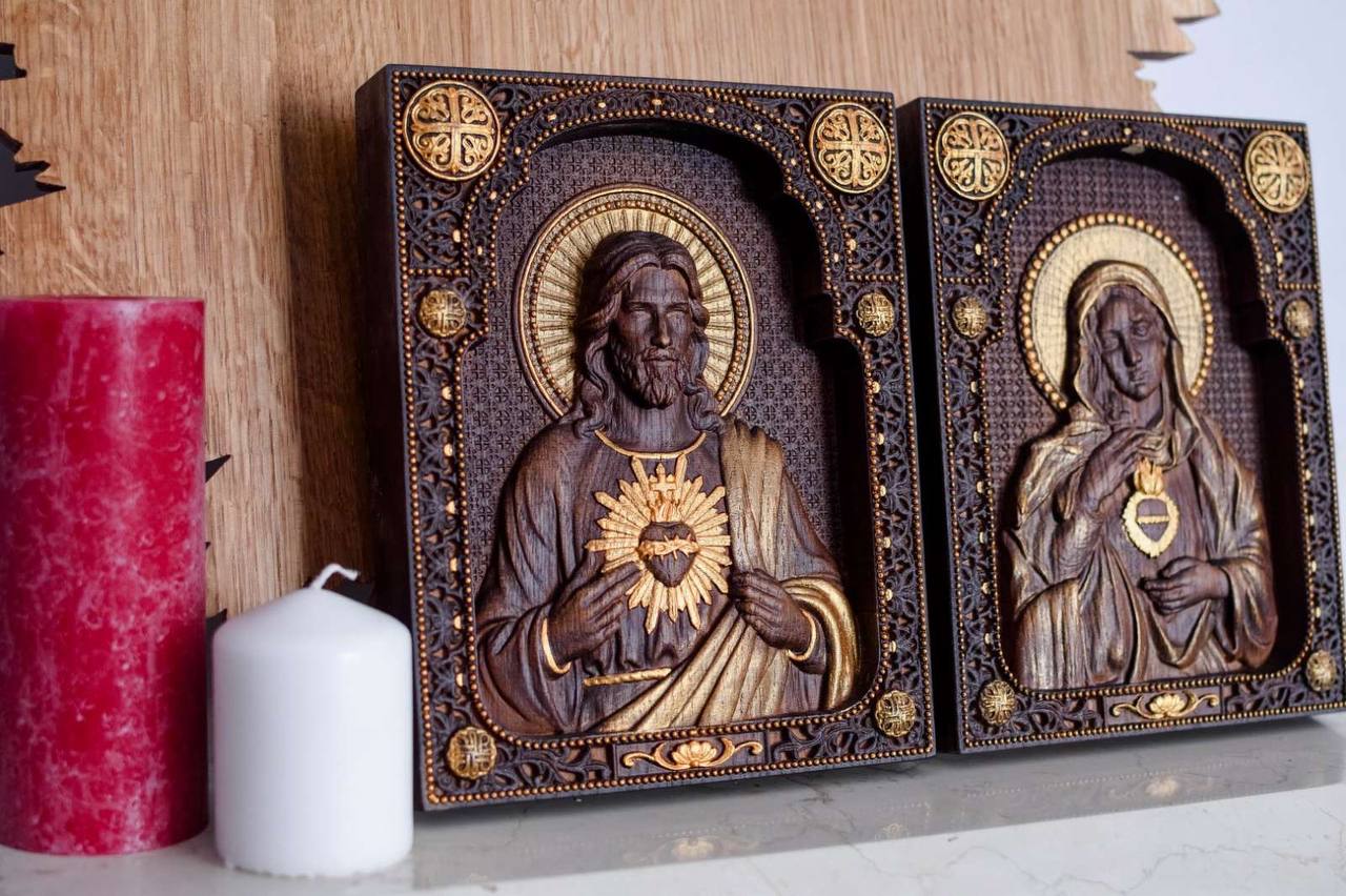 Sacred Heart of Jesus and Immaculate Heart of Mary Set of two Wooden panels - Kozak Work Shop