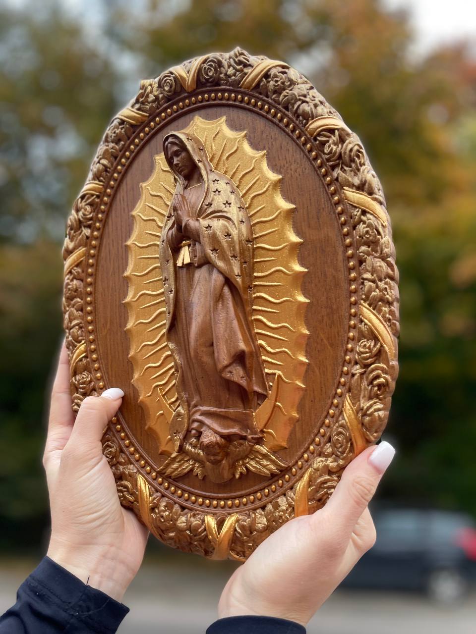 Our Lady of Guadalupe Wooden Sculpture Oval - Kozak Work Shop