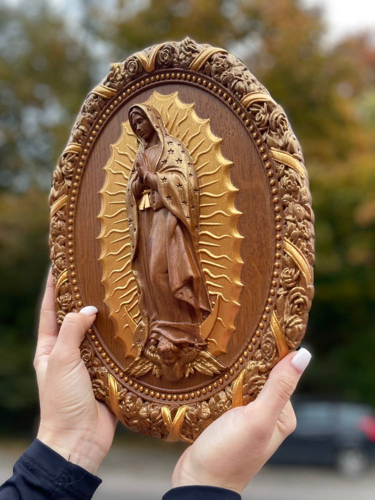 Our Lady of Guadalupe Wooden Sculpture Oval - Kozak Work Shop