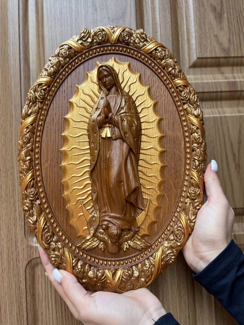Our Lady of Guadalupe Wooden Sculpture Oval - Kozak Work Shop