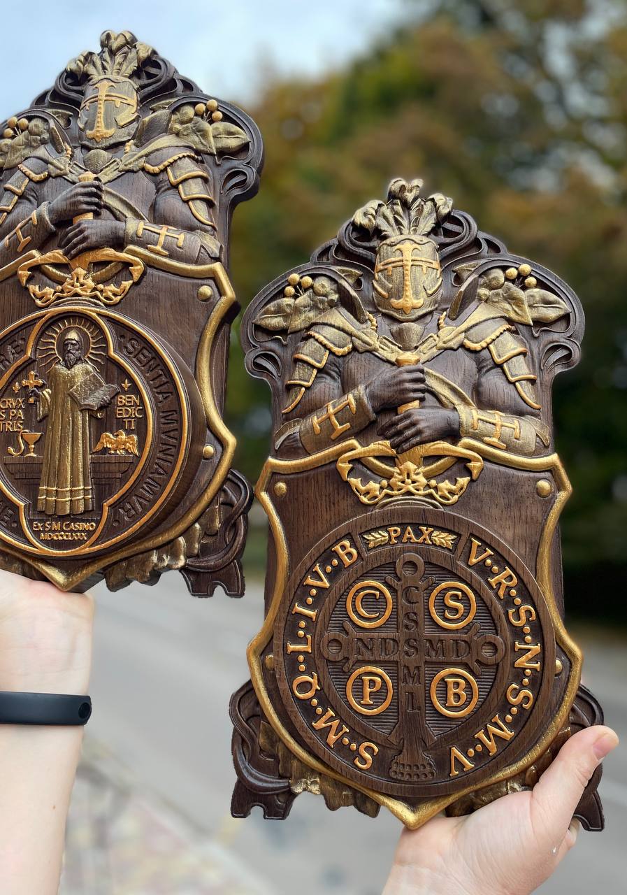 Wooden Knight Shields with Saint Benedict Medallions - Kozak Work Shop