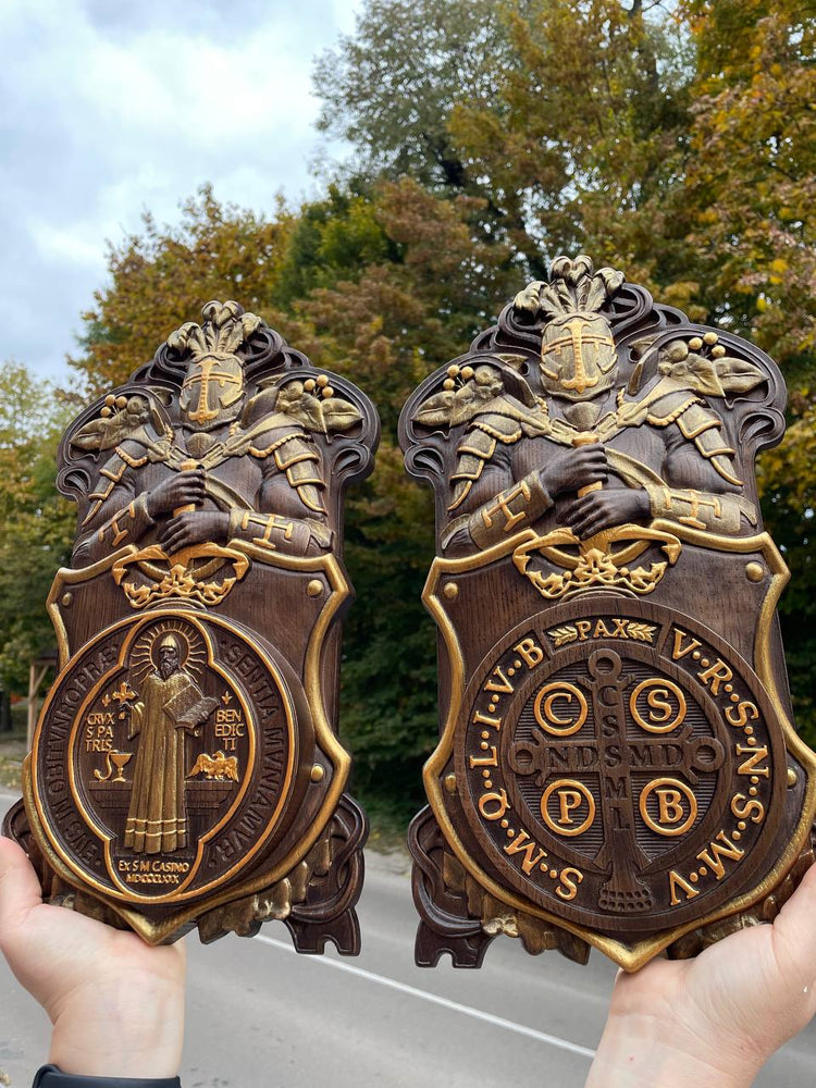 Wooden Knight Shields with Saint Benedict Medallions - Kozak Work Shop