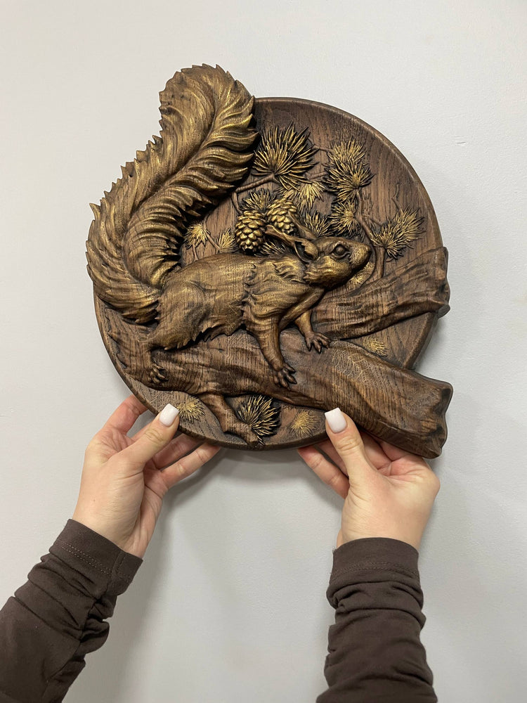 Squirrel Wood Carved Plaque - Kozak Work Shop