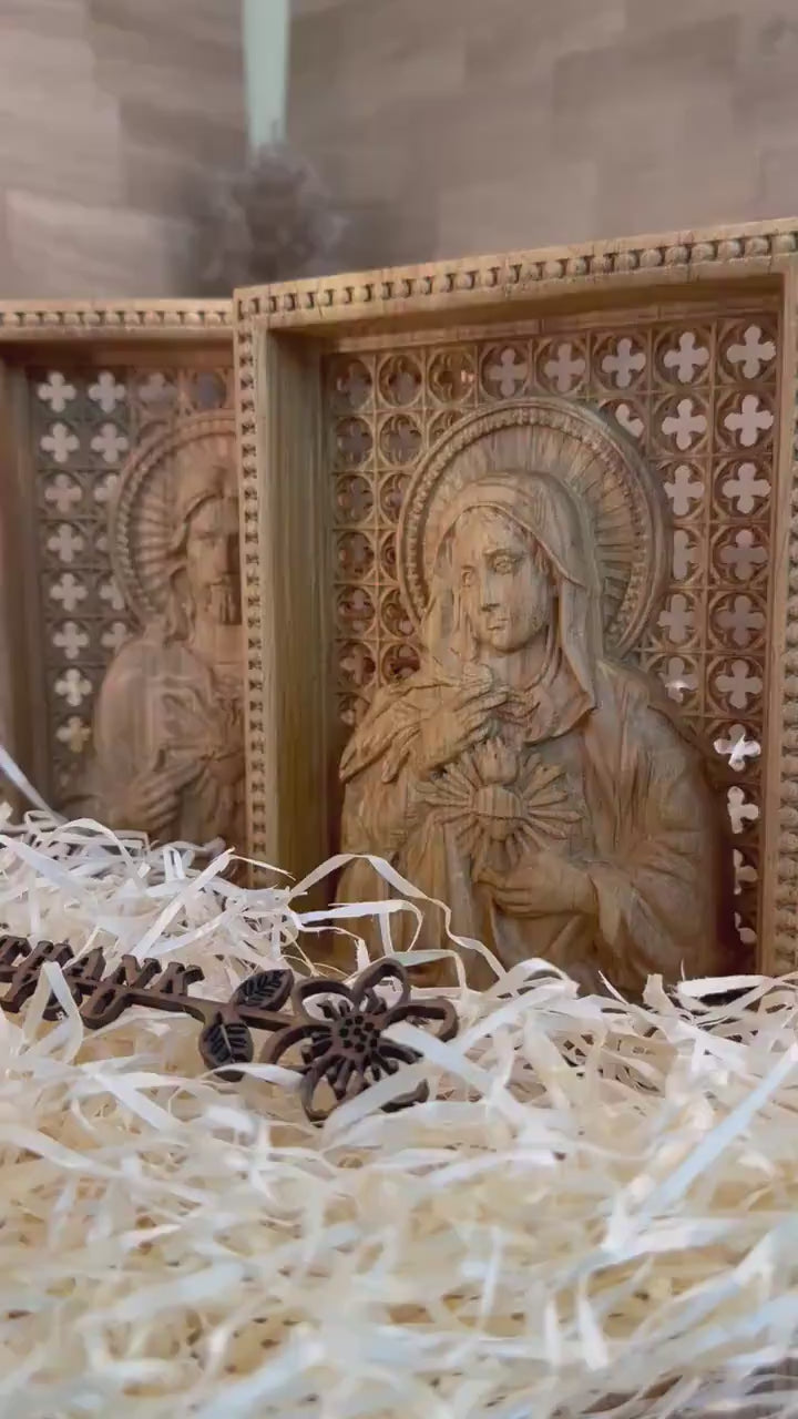 Sacred Heart of Jesus and Immaculate Heart of Mary Set of two Wooden panels  Wooden carved  statuary  6x7  inches  Religious gift
