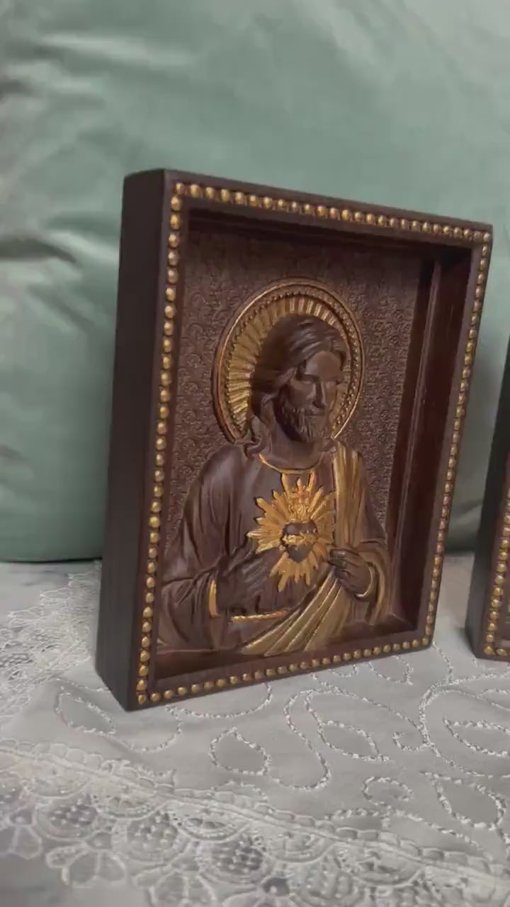 Sacred Heart of Jesus and Immaculate Heart of Mary Set of two Wooden panels  Wooden carved  statuary  6x7  inches  Religious gift