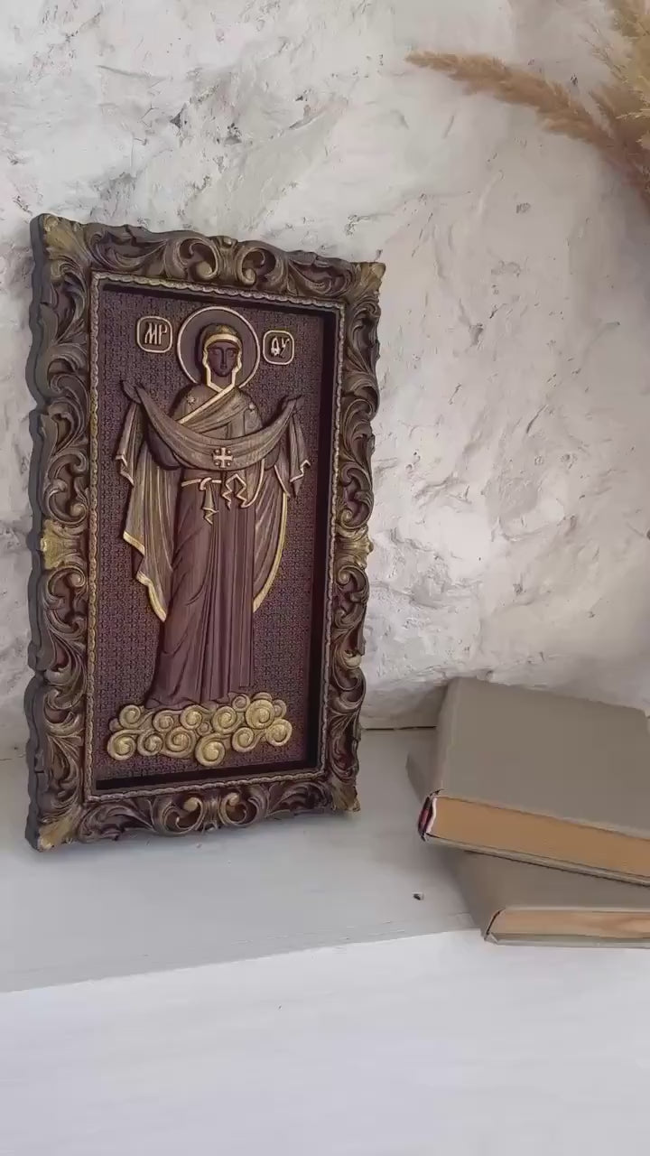 Christian Housewarming gift Wood Carved Religious orthodox icon Virgin Mary Personalized engraved christian wall art on wood