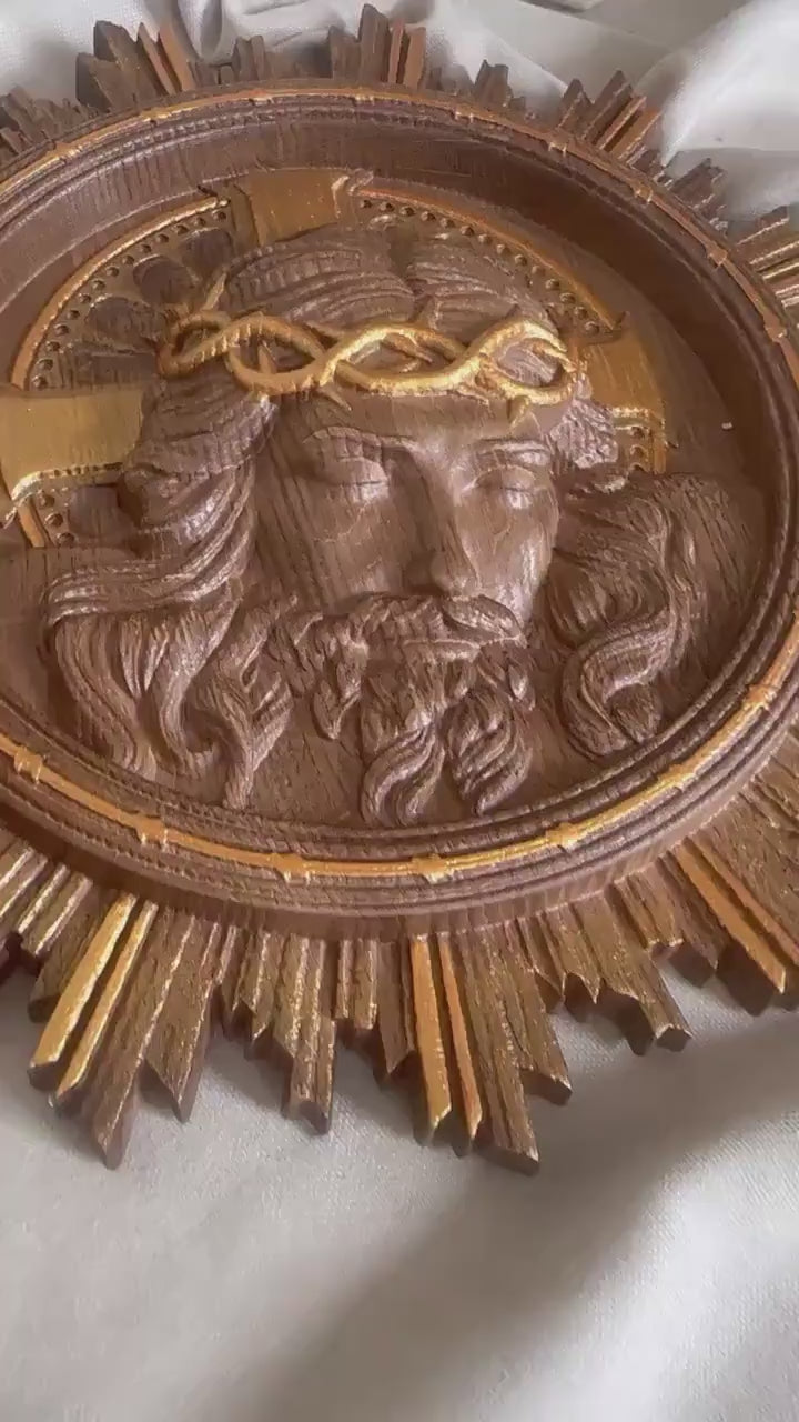 Jesus Art Christ Wearing Crown of Thorns Wooden Carved Christian gift Wall Hanging Art Work gift idea Christmas gift from daughter