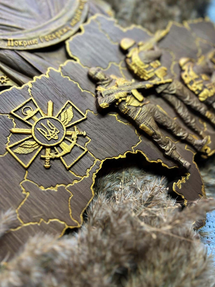 Ukrainian map with Blessed Virgin Mary over  Ukrainian solgiers - Kozak Work Shop