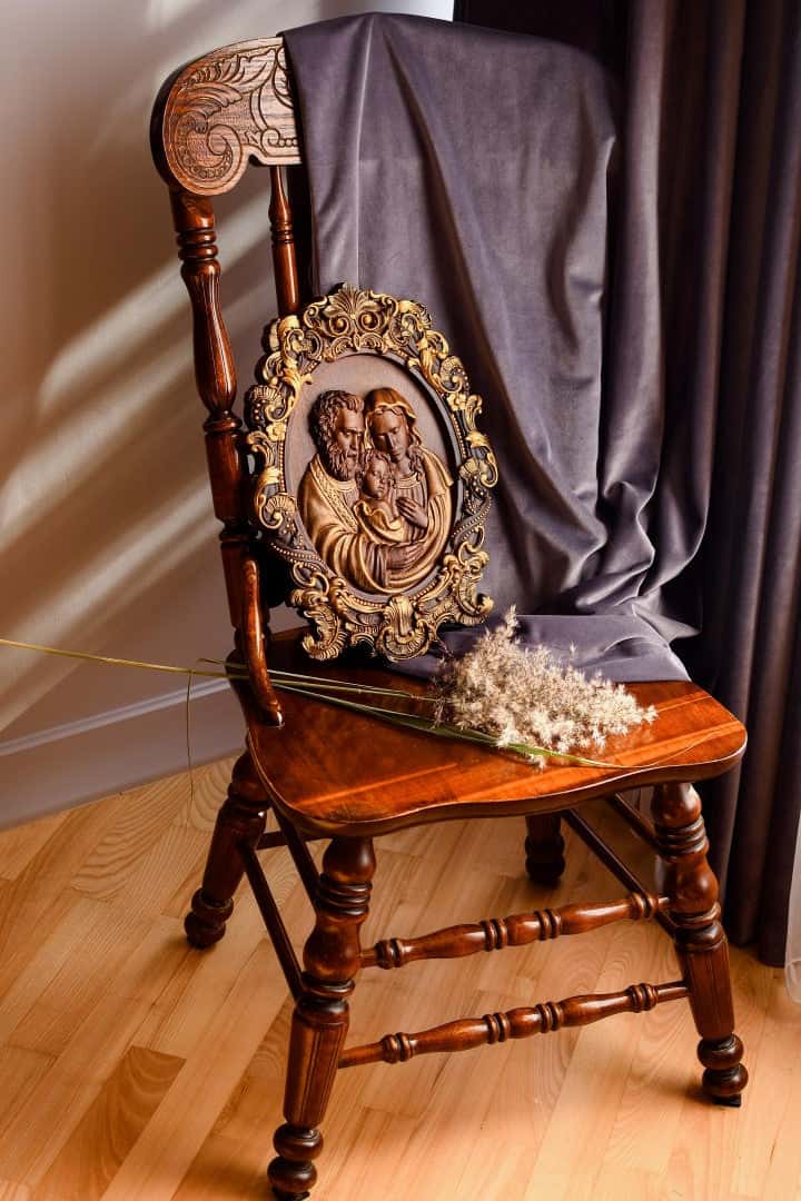 Holy Familly Wooden Carved Icon with Classical Frame - Kozak Work Shop