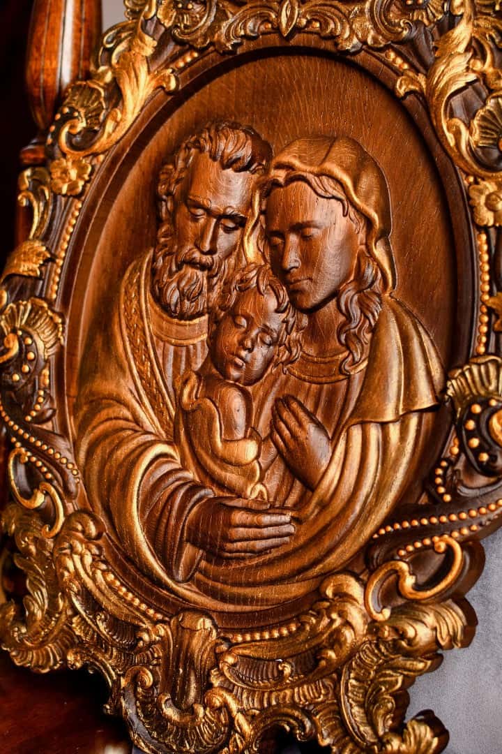 Holy Familly Wooden Carved Icon with Classical Frame - Kozak Work Shop